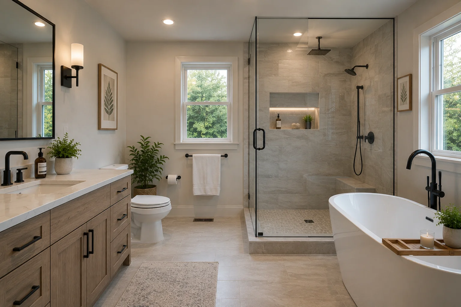 Modern bathroom remodel with floating vanity, glass shower and porcelain finishes