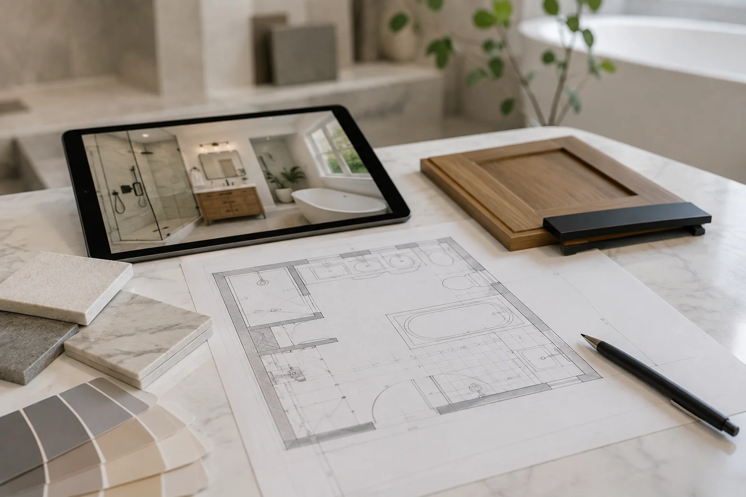 Bathroom remodel planning with tile samples, vanity finishes and project drawings