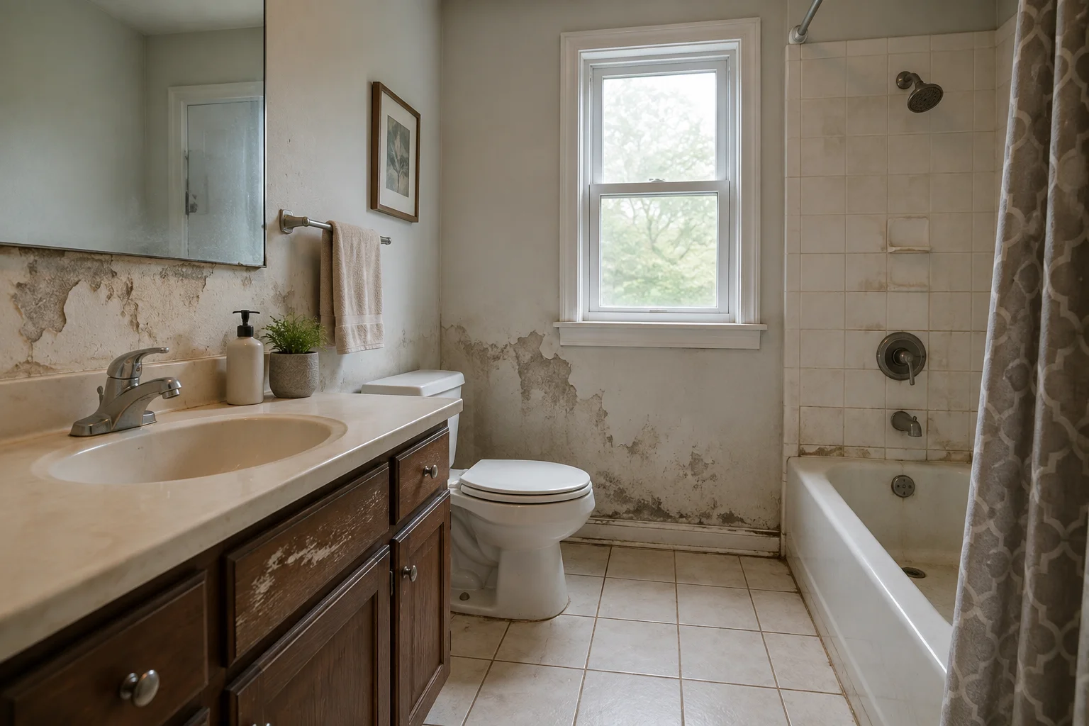 Outdated bathroom before remodeling with old vanity, tile and limited storage