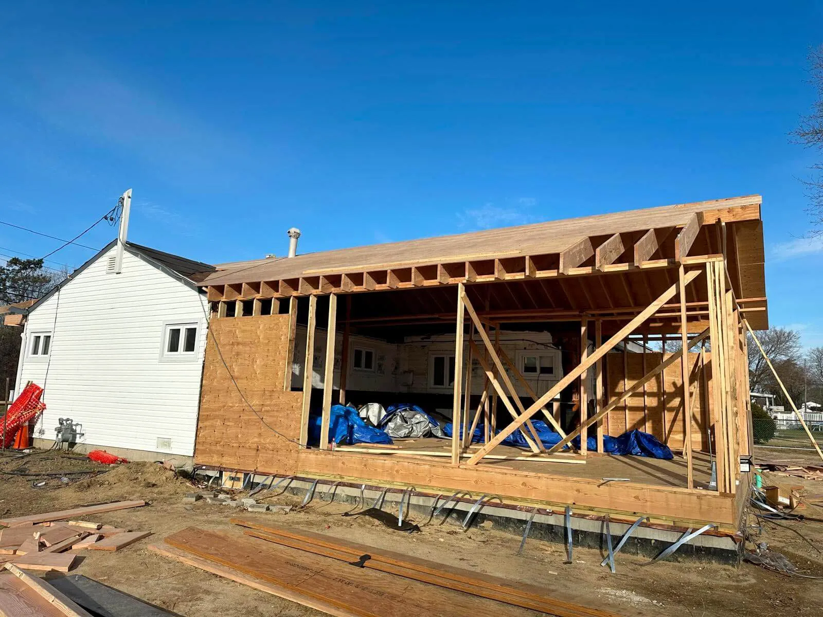 Roof framing during home addition construction