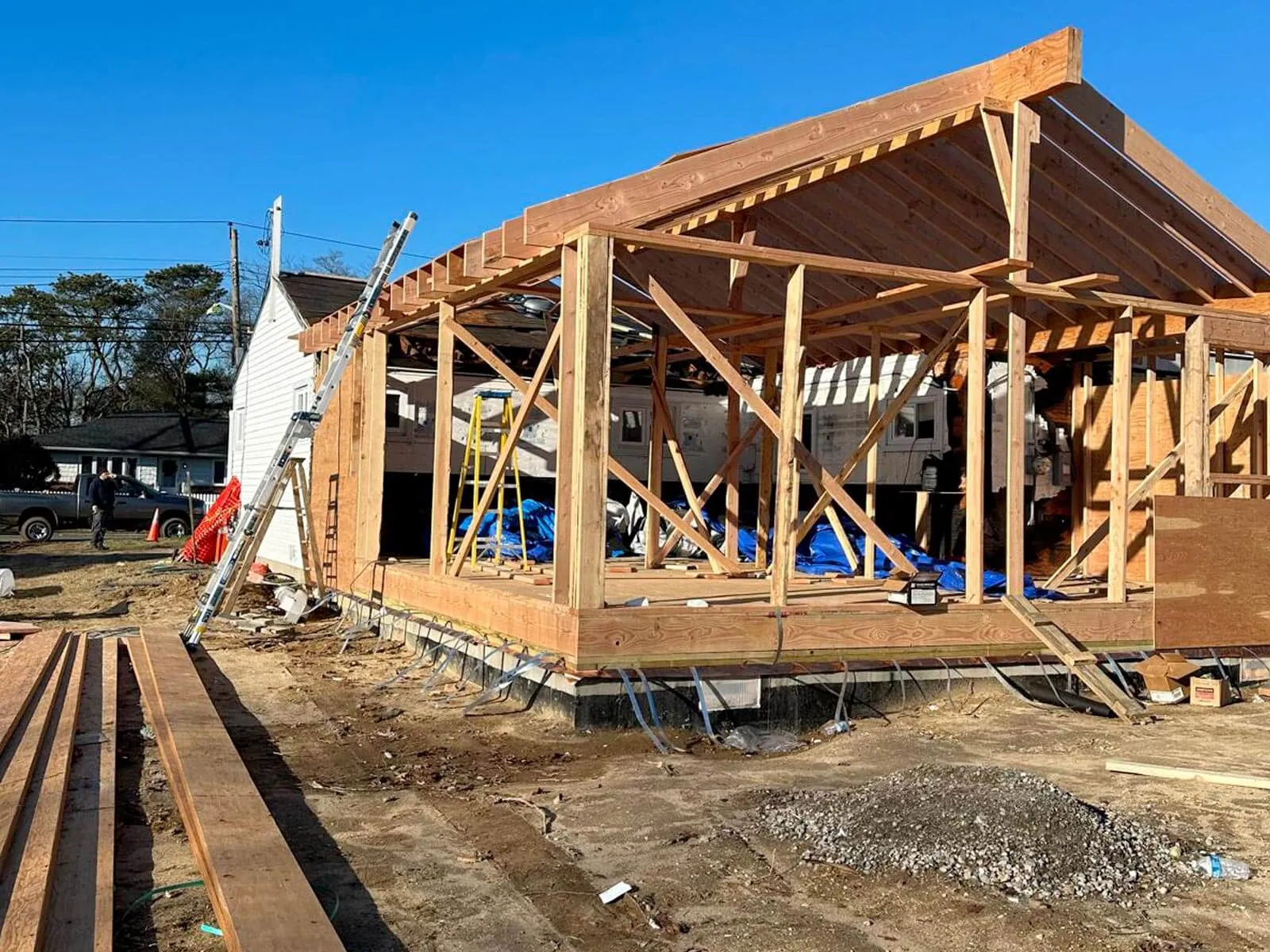 Roof framing during home addition construction