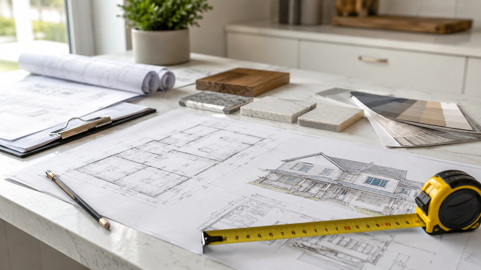 Home addition planning with residential drawings, construction details and material selections