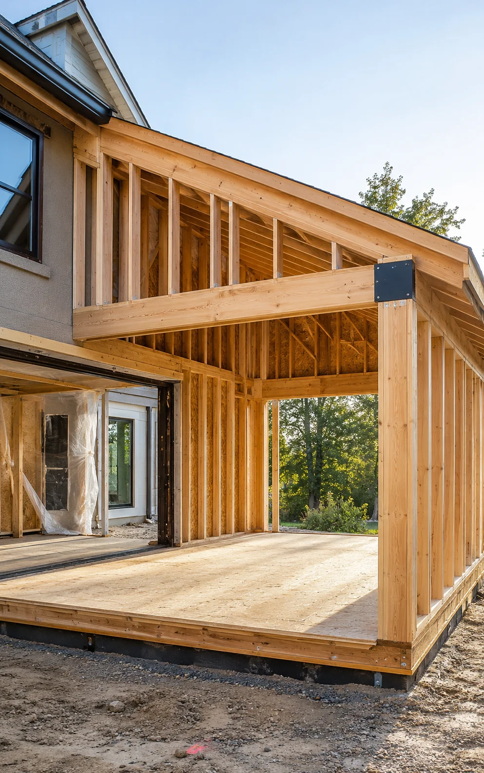 Residential home addition under construction with framing and structural work