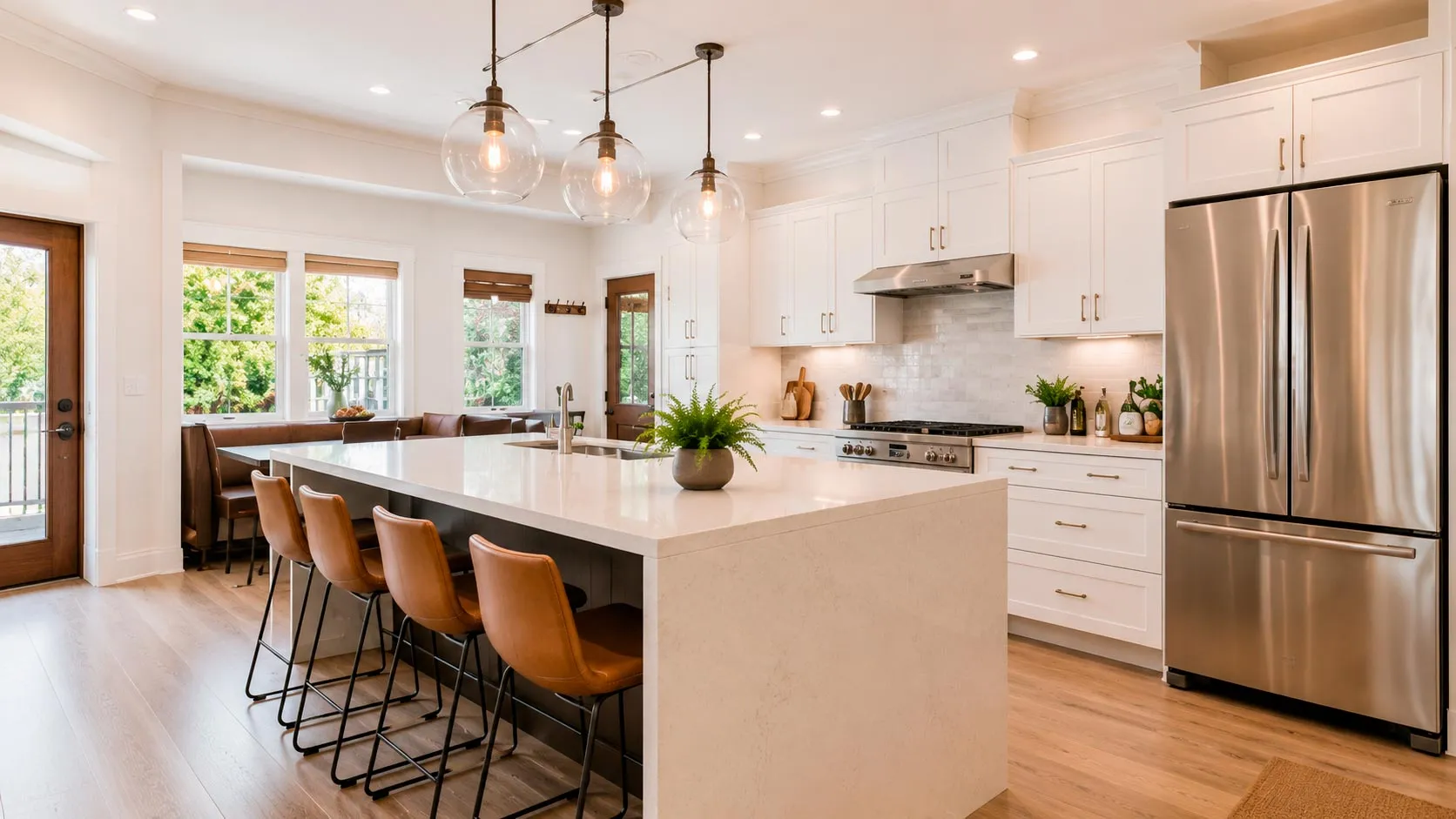 Bright modern kitchen remodel with white island, pendant lights and stainless steel appliances