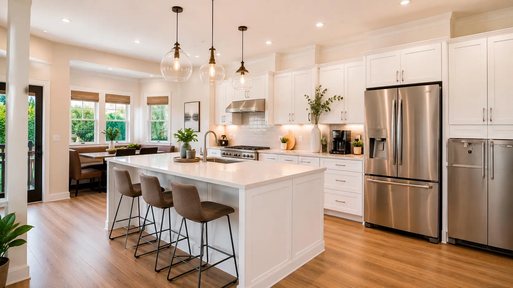 Bright kitchen remodeling project with island, pendant lights and stainless steel appliances