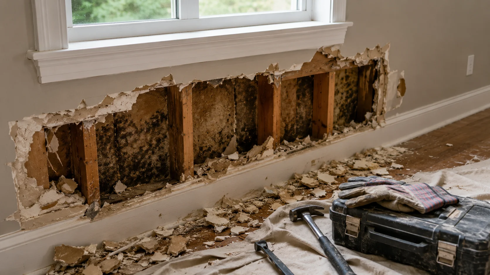 Damaged residential interior area being evaluated before repair in Suffolk County