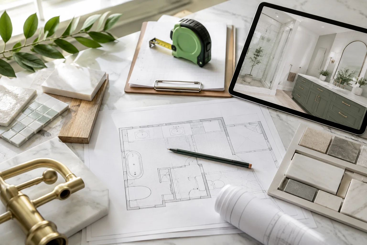 Bathroom remodeling project planning with materials and drawings