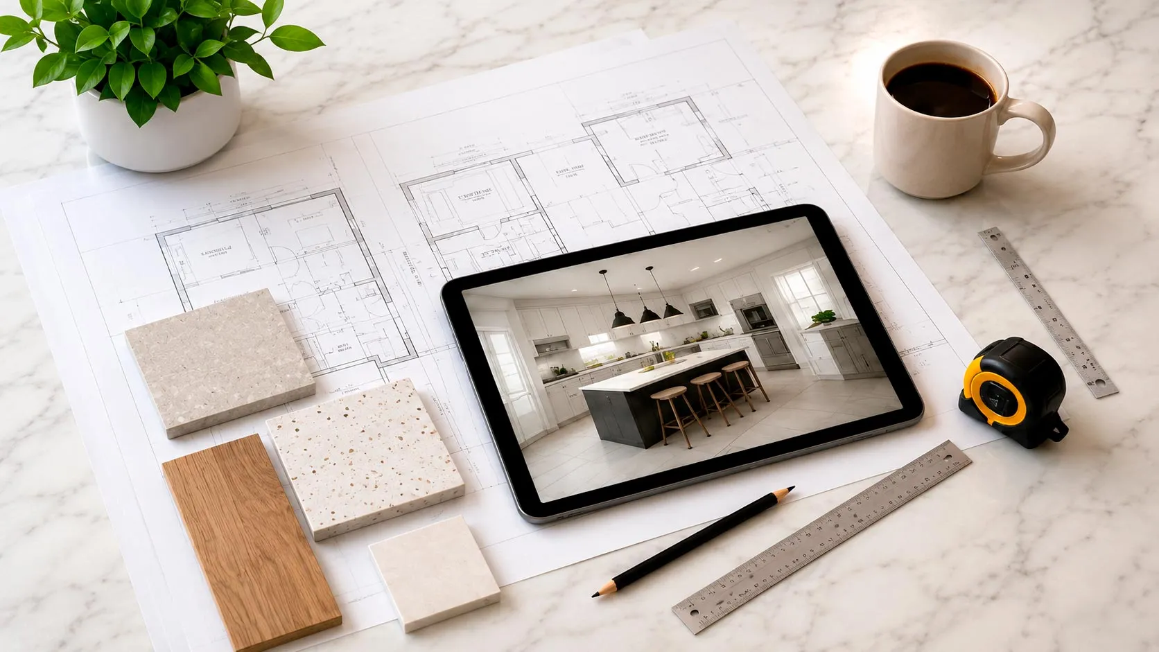 Kitchen remodel planning with floor plans, material samples, measuring tools and tablet design preview